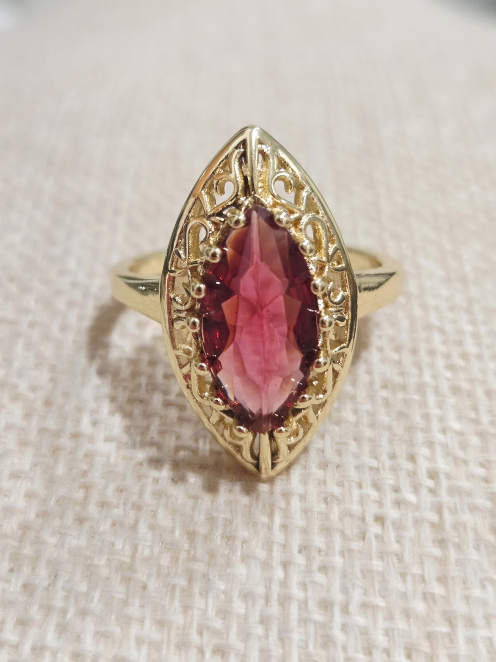Gold Ring with Pink Marquise Gemstone~ Size 10.5